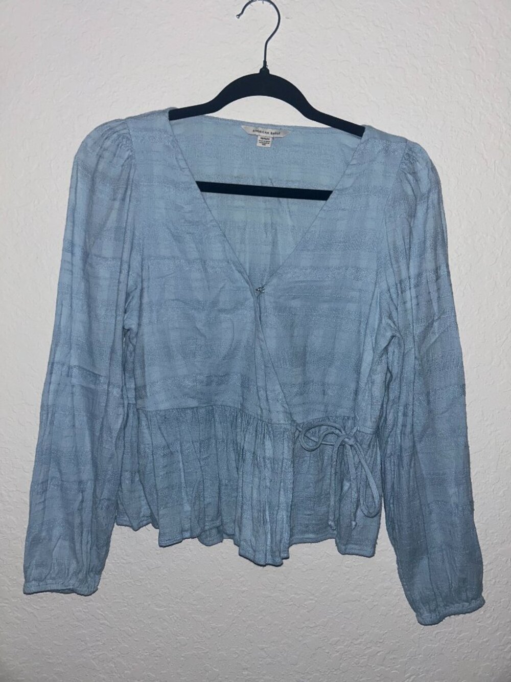 Blue Front-Tying Long-Sleeve Blouse